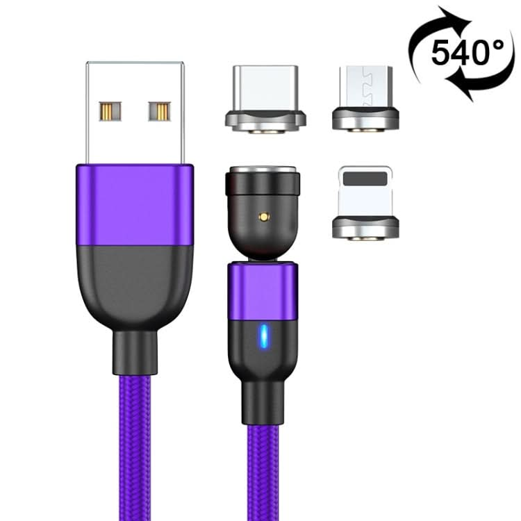 2m 3A Output 3 in 1 USB to 8 Pin + USB-C / Type-C + Micro USB 540 Degree Rotating Magnetic Data Sync Charging Cable