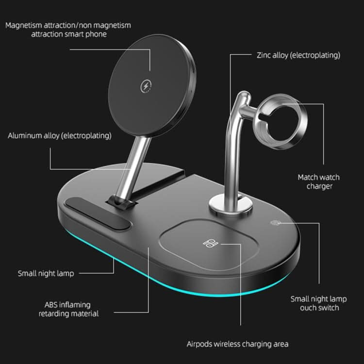 S20 4 in 1 15W Multifunctional Magnetic Wireless Charger with Night Light & Holder for Mobile Phones / AirPods