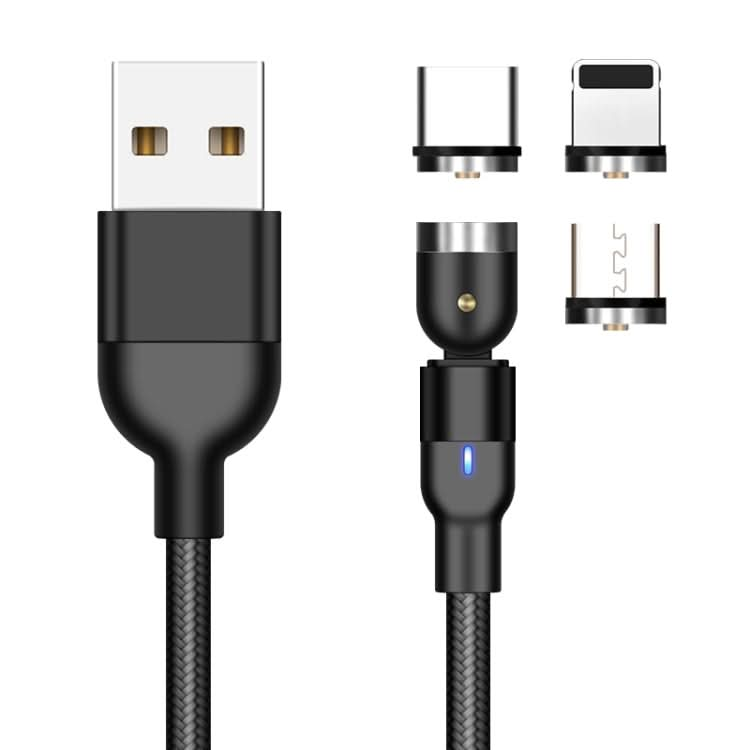 2m 2A Output 3 in 1 USB to 8 Pin + USB-C / Type-C + Micro USB Nylon Braided Rotate Magnetic Charging Cable