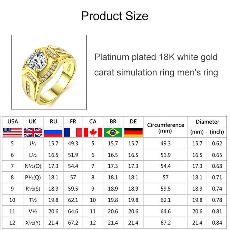 Fashion Businessman 18K White Gold Plated + AAA Zircon Men Diamond Ring, Size: 7, Diameter: 17.3mm, Perimeter: 54.5mm Reluova