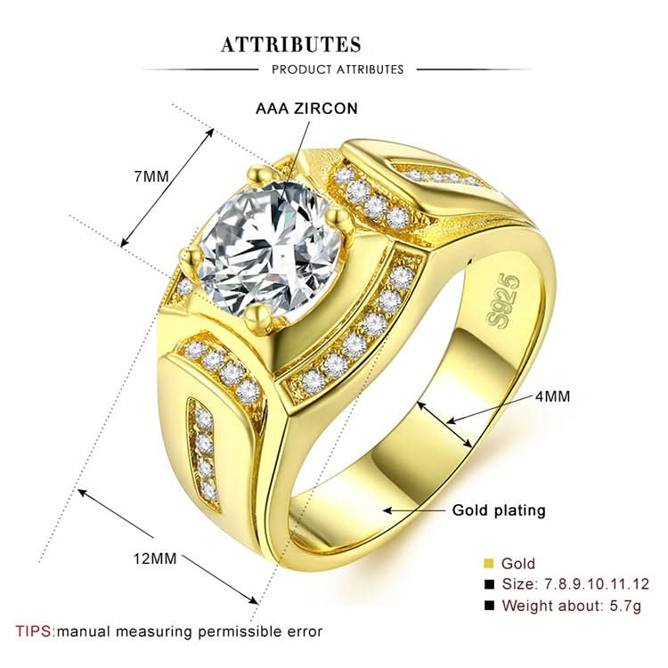 Fashion Businessman 18K White Gold Plated + AAA Zircon Men Diamond Ring, Size: 8, Diameter: 18.1mm, Perimeter: 57mm Reluova