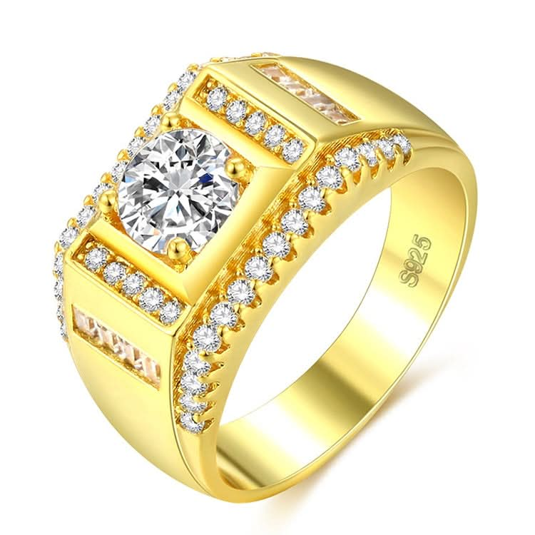 Fashion New Style Gold Plated + AAA Zircon Inlaid Rhinestone Men Diamond Ring, Size: 7, Diameter: 17.3mm, Perimeter: 54.4mm Reluova