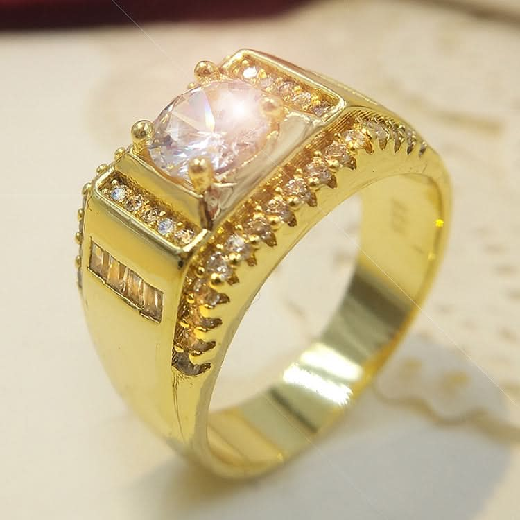 Fashion New Style Gold Plated + AAA Zircon Inlaid Rhinestone Men Diamond Ring, Size: 7, Diameter: 17.3mm, Perimeter: 54.4mm Reluova