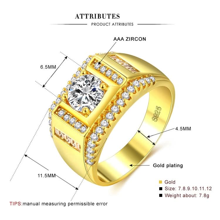 Fashion New Style Gold Plated + AAA Zircon Inlaid Rhinestone Men Diamond Ring, Size: 7, Diameter: 17.3mm, Perimeter: 54.4mm Reluova