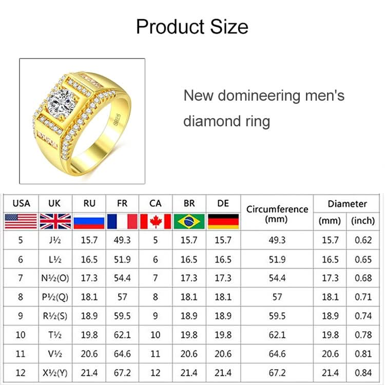 Fashion New Style Gold Plated + AAA Zircon Inlaid Rhinestone Men Diamond Ring, Size: 7, Diameter: 17.3mm, Perimeter: 54.4mm Reluova