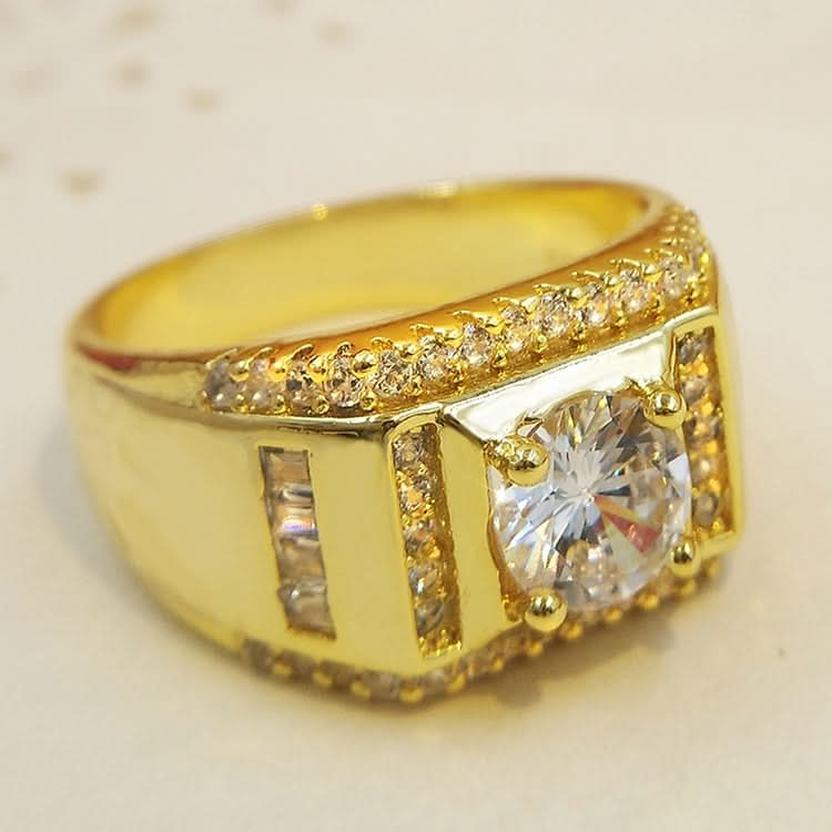 Fashion New Style Gold Plated + AAA Zircon Inlaid Rhinestone Men Diamond Ring, Size: 8, Diameter: 18.1mm, Perimeter: 57mm Reluova