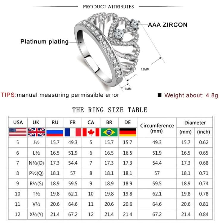 Princess Queen Crown-shaped Platinum Plated Zircon Ring, US Size: 5, Diameter: 15.7mm, Perimeter: 49.3mm Reluova