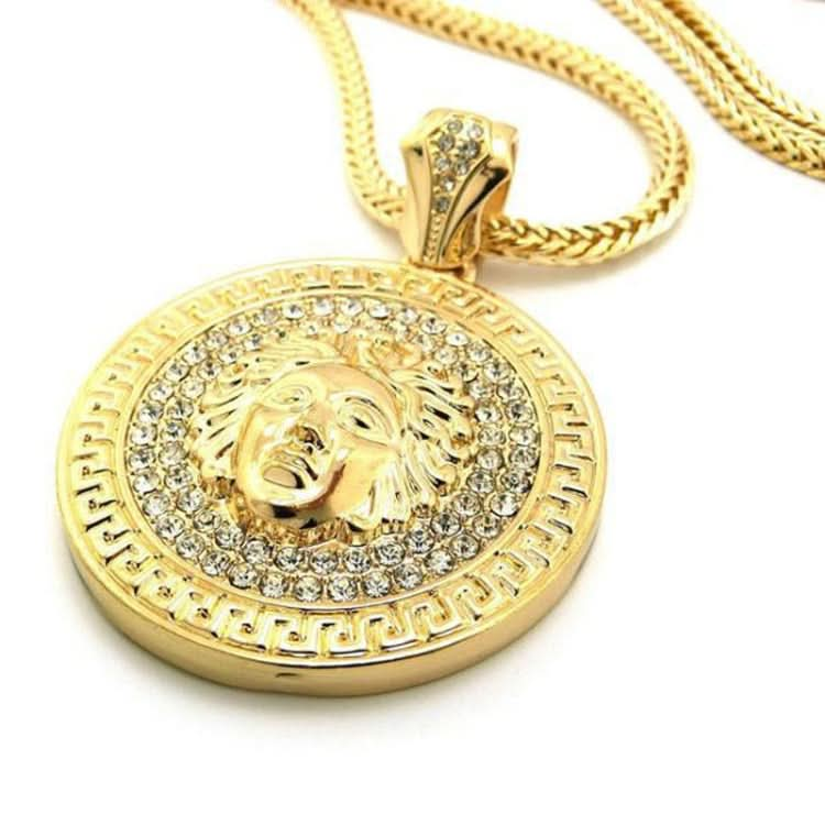 Hip Hop Round Medusa Head Zircon Rhinestone Pendant Clavicle Chain Necklace for Men, Chain Length: 90cm Reluova