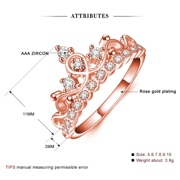 Princess Queen Crown-shaped Rose Gold Plated Zircon Ring, US Size: 6, Diameter: 16.5mm, Perimeter: 51.9mm Reluova