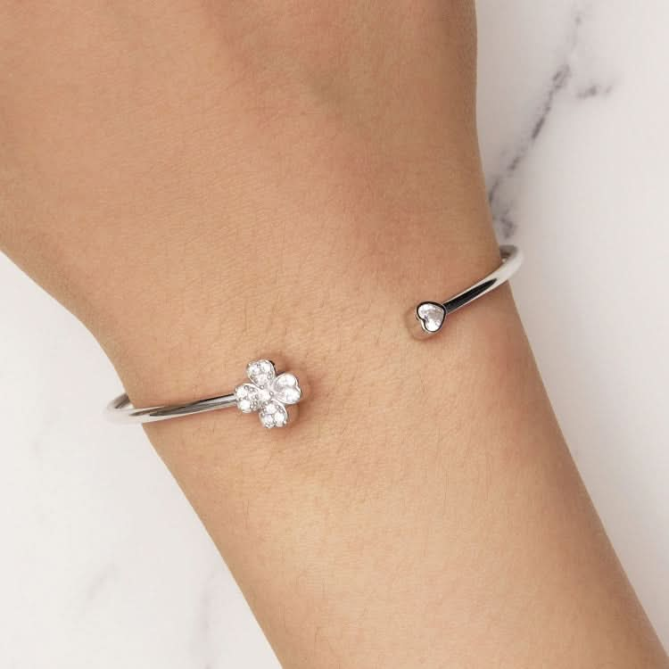 BSB134 Sterling Silver S925 Plated Platinum Zircon Four-leaf Clover Open Bracelet Hand Decoration Reluova