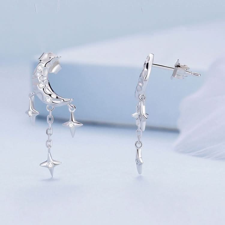 BSE858 Sterling Silver S925 White Gold Plated Zircon Moon Tassel Stud Earrings Reluova