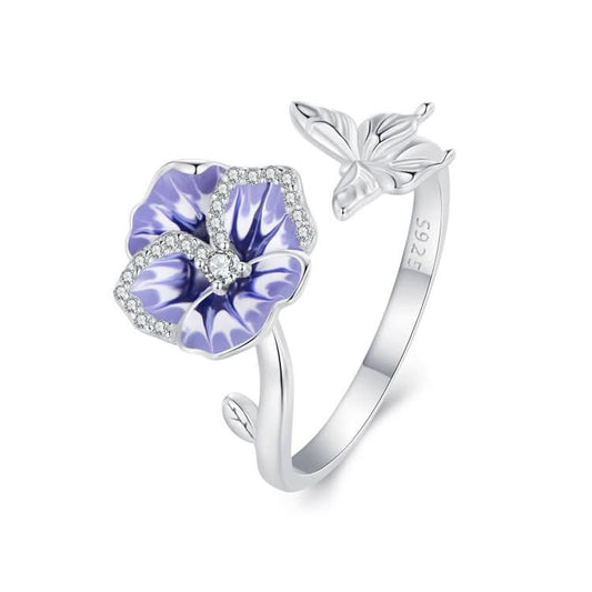 BSR451-E Sterling Silver S925 White Gold Plated Zircon Pansy Ring Reluova