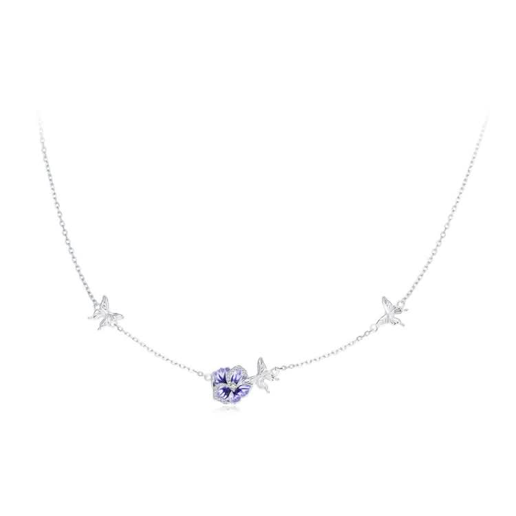 BSN336 Sterling Silver S925 White Gold Plated Zircon Stretchable Pansy Necklace Pendant Reluova