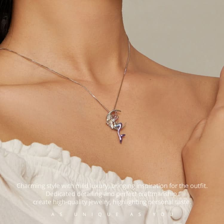 BSN338 Sterling Silver S925 White Gold Plated Moonstone Mermaid Necklace Reluova