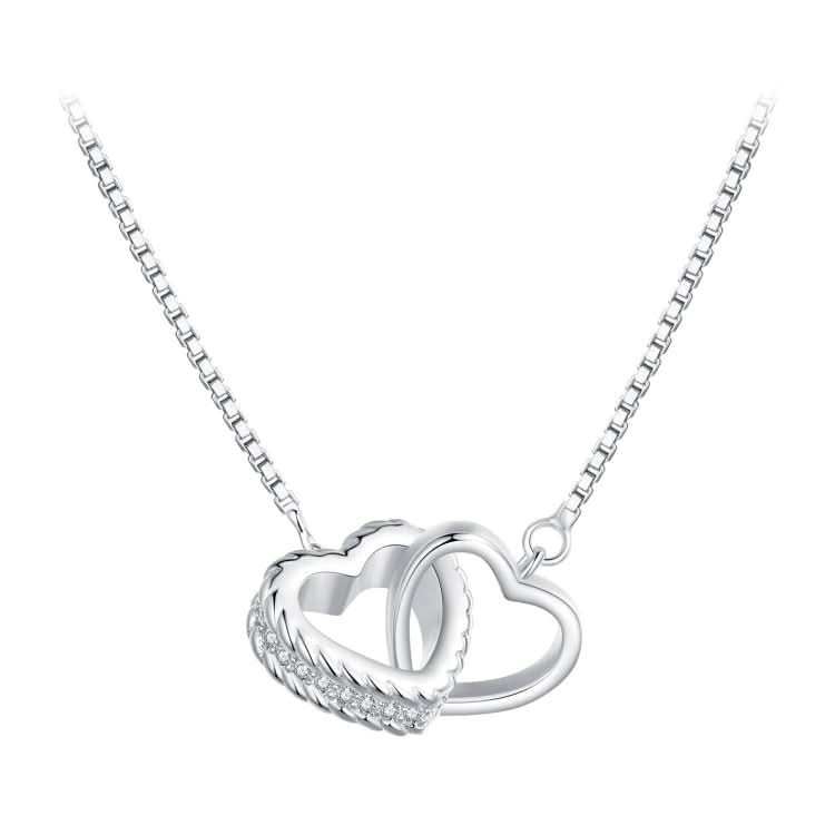 BSN338 Sterling Silver S925 White Gold Plated Zircon Dual Ring Heart Interlocking Necklace Reluova