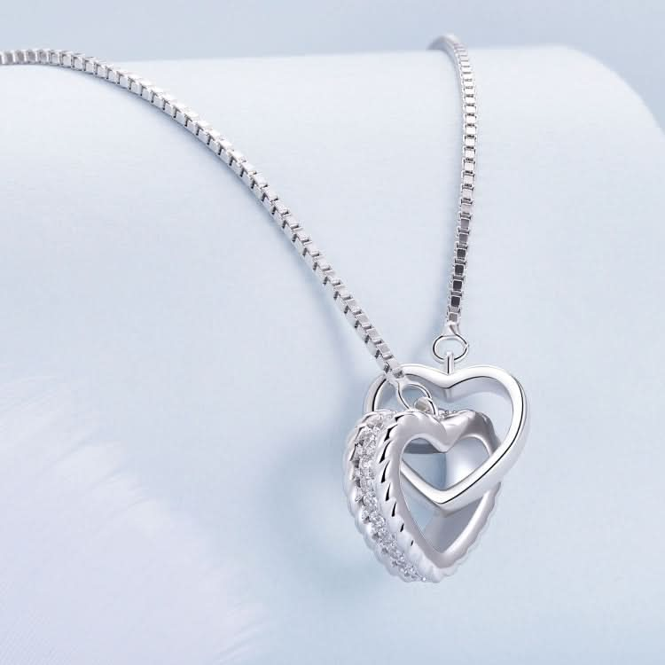 BSN338 Sterling Silver S925 White Gold Plated Zircon Dual Ring Heart Interlocking Necklace Reluova