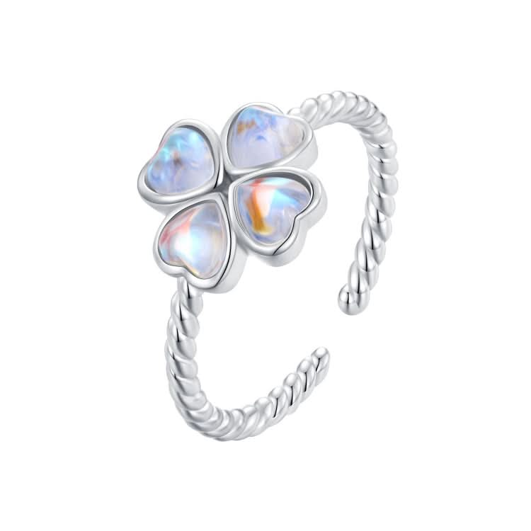 BSR458-E S925 Sterling Silver White Gold Plated Lucky Clover Open Adjustable Ring Reluova