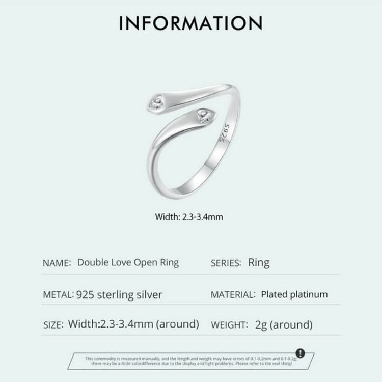 SCR946-E Sterling Silver S925 White Gold Plated Zircon Double Heart Opening Adjustable Ring Reluova