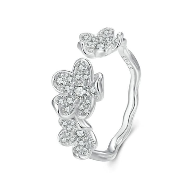 BSR447 Sterling Silver S925 Plated White Gold Fully Paved Zircon Flower Open Adjustable Ring Reluova