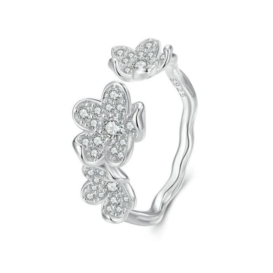 BSR447 Sterling Silver S925 Plated White Gold Fully Paved Zircon Flower Open Adjustable Ring Reluova