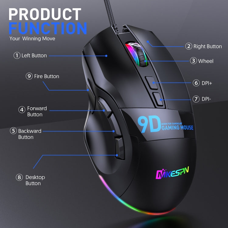 MKESPN X10 9-Buttons RGB Wired Macro Definition Gaming Mouse My Store