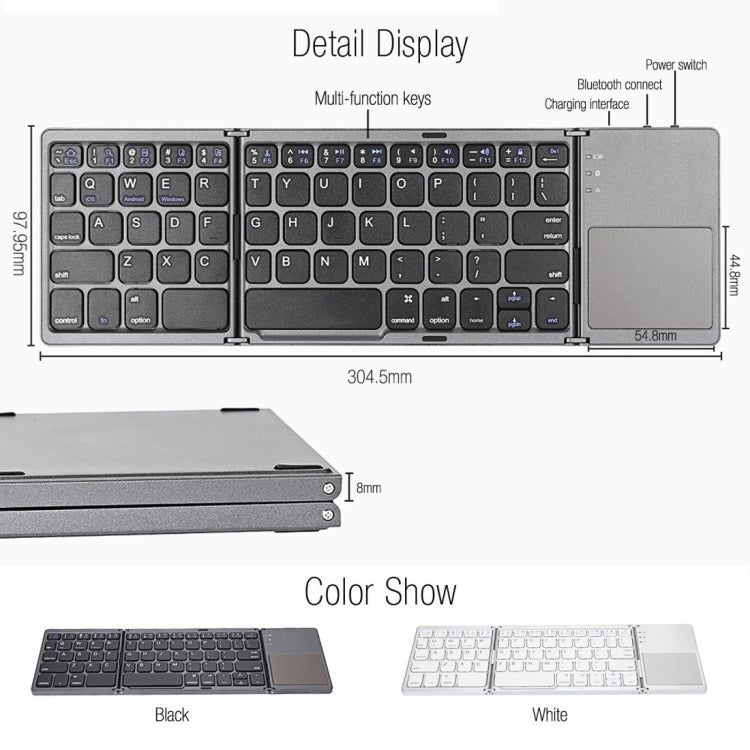 B033 Rechargeable 3-Folding 64 Keys Bluetooth Wireless Keyboard with Touchpad My Store