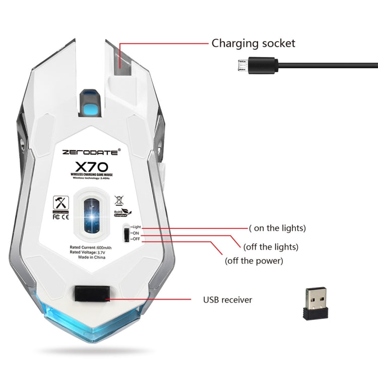 ZERODATE X70 2.4GHz Wireless 6-Keys 2400 DPI Adjustable Ergonomics Optical Gaming Mouse with Breathing Light