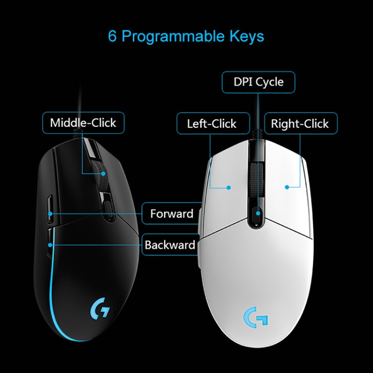 Logitech G102 6-keys RGB Glowing 6000DPI Five-speed Adjustable Wired Optical Gaming Mouse, Length: 2m