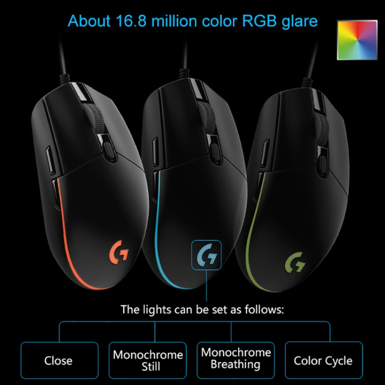 Logitech G102 6-keys RGB Glowing 6000DPI Five-speed Adjustable Wired Optical Gaming Mouse, Length: 2m