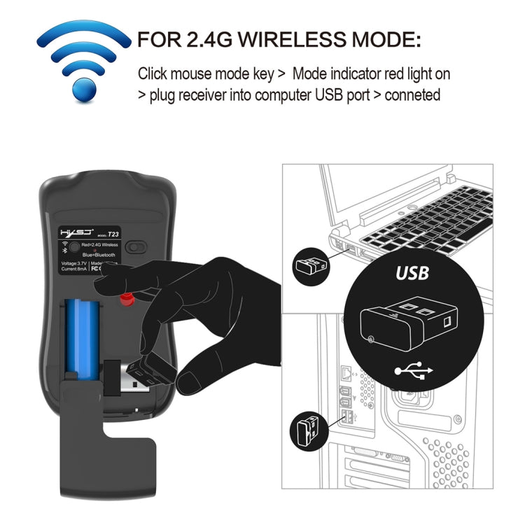 HXSJ T23 Bluetooth 5.0 + Bluetooth 3.0 + 2.4GHz Беспроводная трехрежимная 4-клавишная 1600 DPI Регулируемая эргономичная оптическая мышь