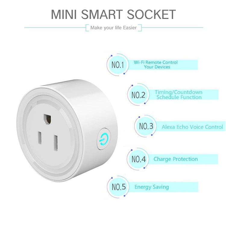 10A Round Shape WiFi Mini Plug APP Remote Control Timing Smart Socket Works with Alexa & Google Home, AC 100-240V, US Plug