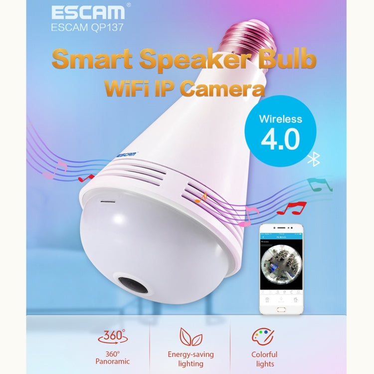 ESCAM QP137 2MP HD 1080P 360 Degree Panoramic Bluetooth Speaker Bulb IP Camera, E27, WiFi, Motion Detection, Reluova