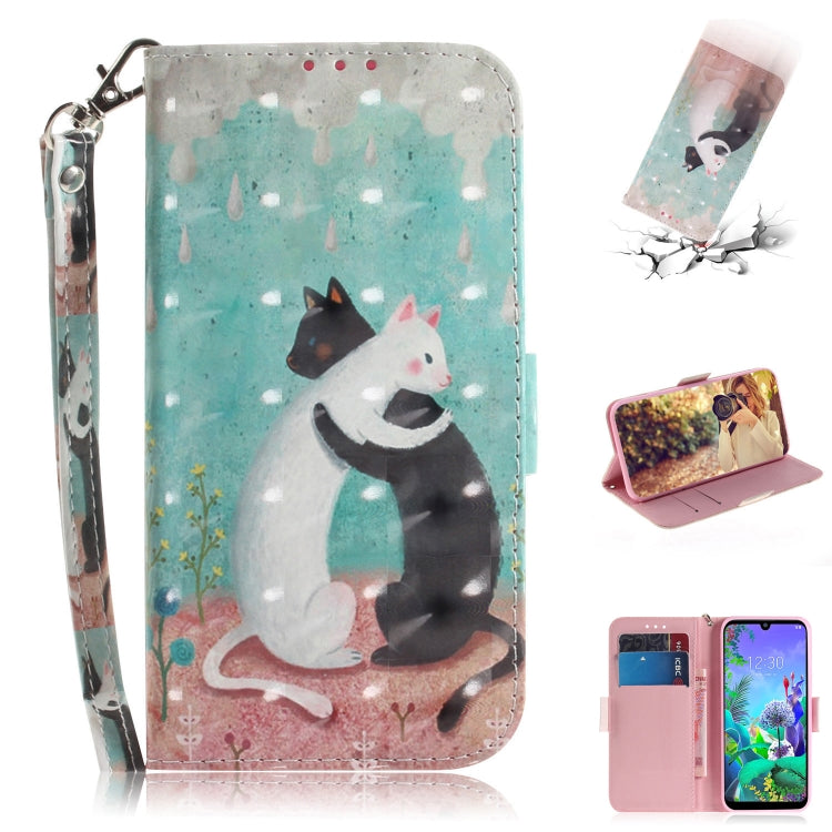 3D Painting Black White Cat Pattern Coloured Drawing Horizontal Flip Leather Case for LG Q60, with Holder & Card Slots & Wallet-Reluova