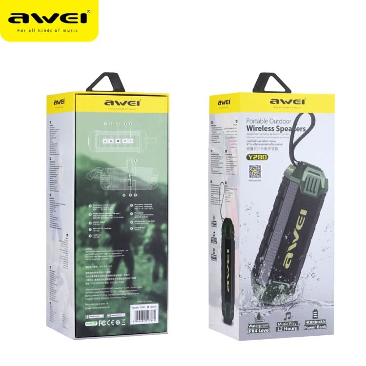 awei Y280 IPX4 Bluetooth Speaker Power Bank with Enhanced Bass, Built-in Mic, Support FM / USB / TF Card / AUX