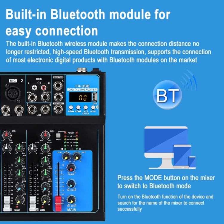 F4 Home 4-channel Bluetooth USB Reverb Mixer, US Plug