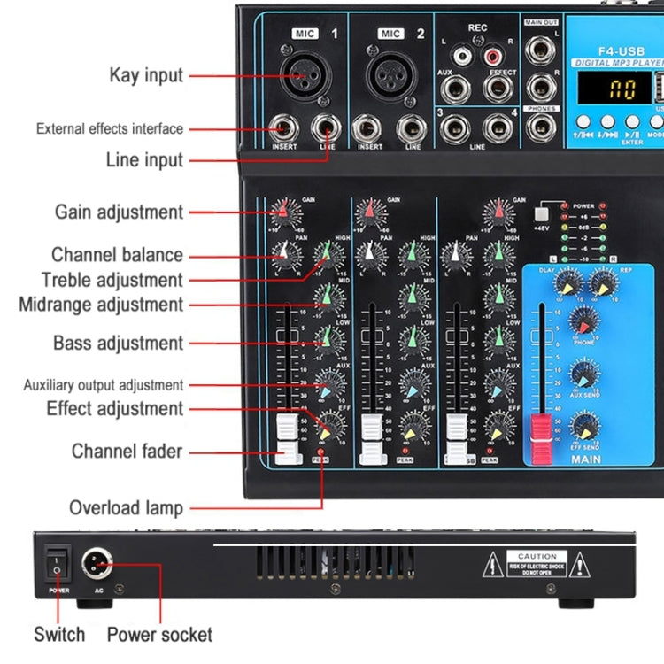 F4 Home 4-channel Bluetooth USB Reverb Mixer, US Plug