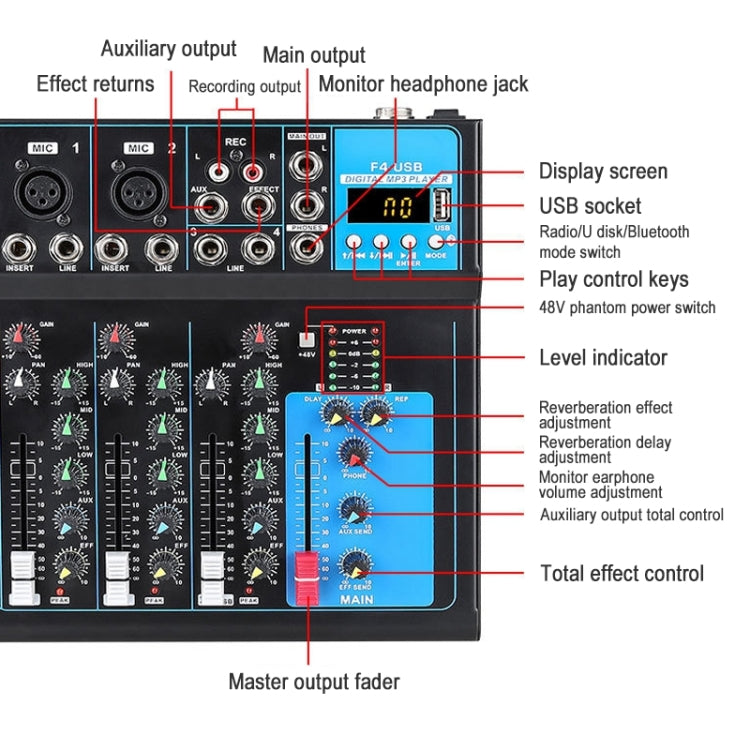 F4 Home 4-channel Bluetooth USB Reverb Mixer, US Plug