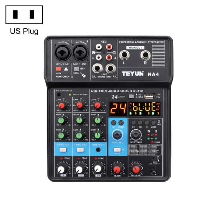 TEYUN NA4 4-channel Small Mixing Console Mobile Phone Sound Card Live Broadcast Computer Recording Console Processor, US Plug