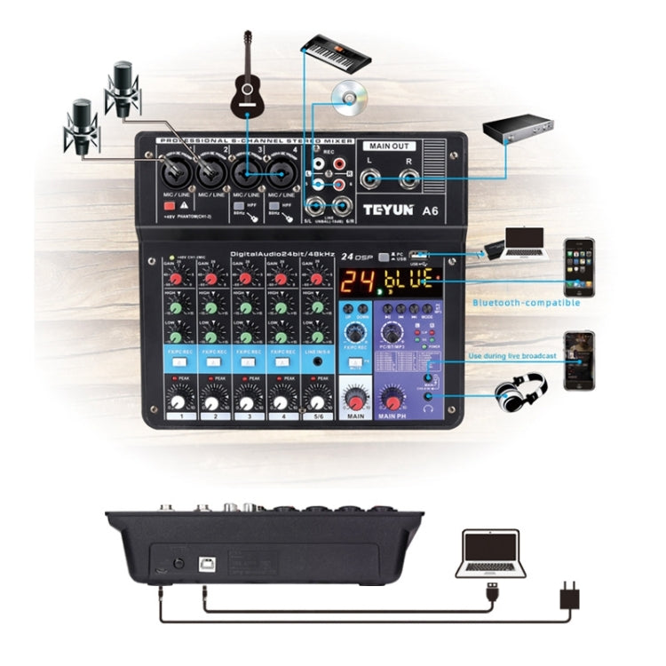 TEYUN NA6 6-channel Small Mixing Console Mobile Phone Sound Card Live Broadcast Computer Recording Console Processor, US Plug