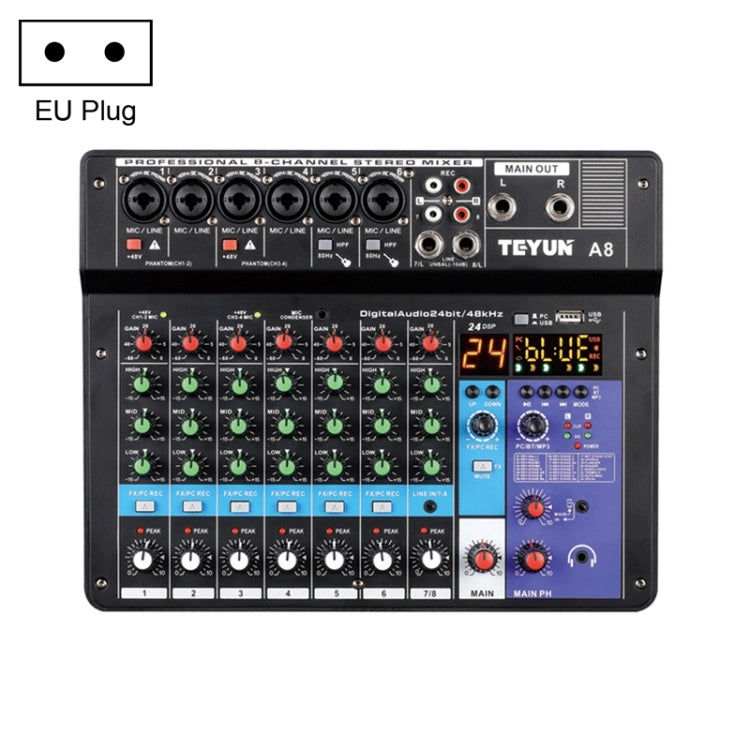 TEYUN NA8 8-channel Small Mixing Console Mobile Phone Sound Card Live Broadcast Computer Recording Console Processor, EU Plug