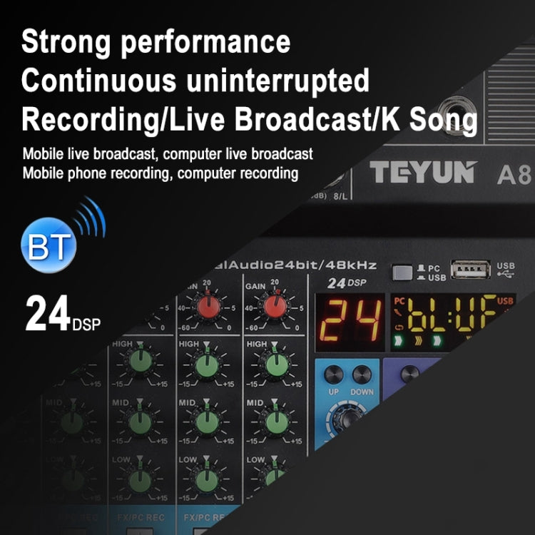 TEYUN NA8 8-channel Small Mixing Console Mobile Phone Sound Card Live Broadcast Computer Recording Console Processor, EU Plug