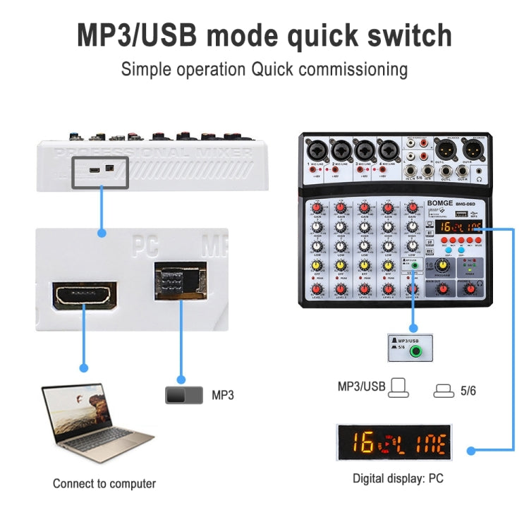 BMG-06D 6-channel Live Mixer Mobile Phone Bluetooth Sound Card Digital 16DSP Reverb Effect, EU Plug