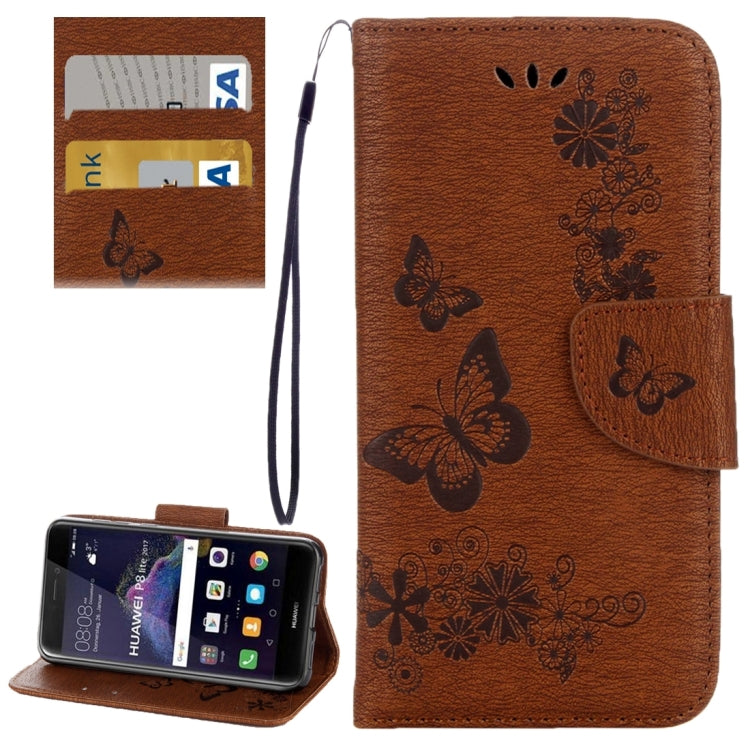 For Huawei P8 Lite (2017) Butterflies Embossing Horizontal Flip Leather Case with Holder & Card Slots & Wallet & Lanyard