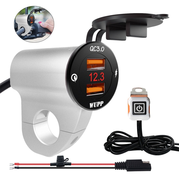 WUPP ZH-975A3 Motorcycle Aluminum Alloy Waterproof Mobile Phone Double QC3.0 Quick Charging Charger with Voltmeter