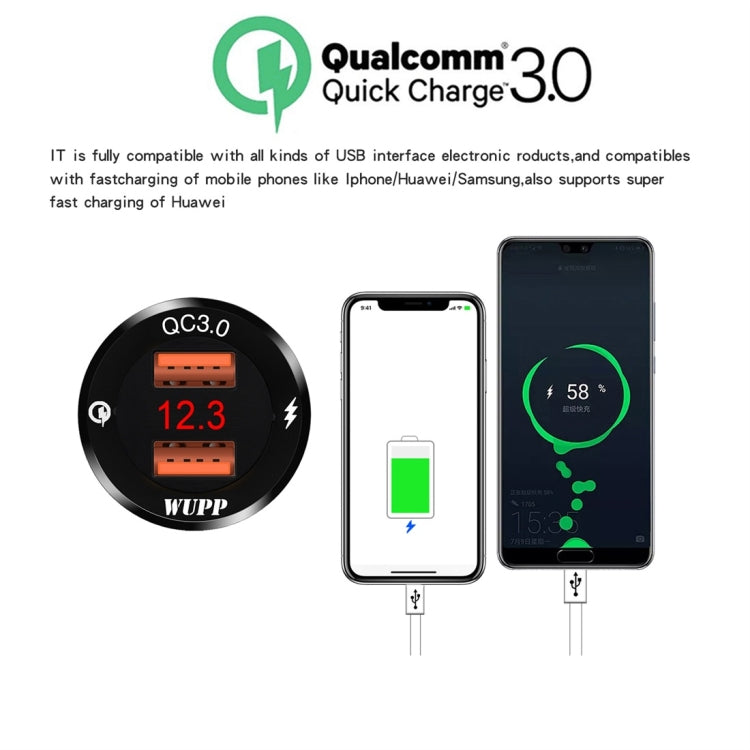 WUPP ZH-975A3 Motorcycle Aluminum Alloy Waterproof Mobile Phone Double QC3.0 Quick Charging Charger with Voltmeter