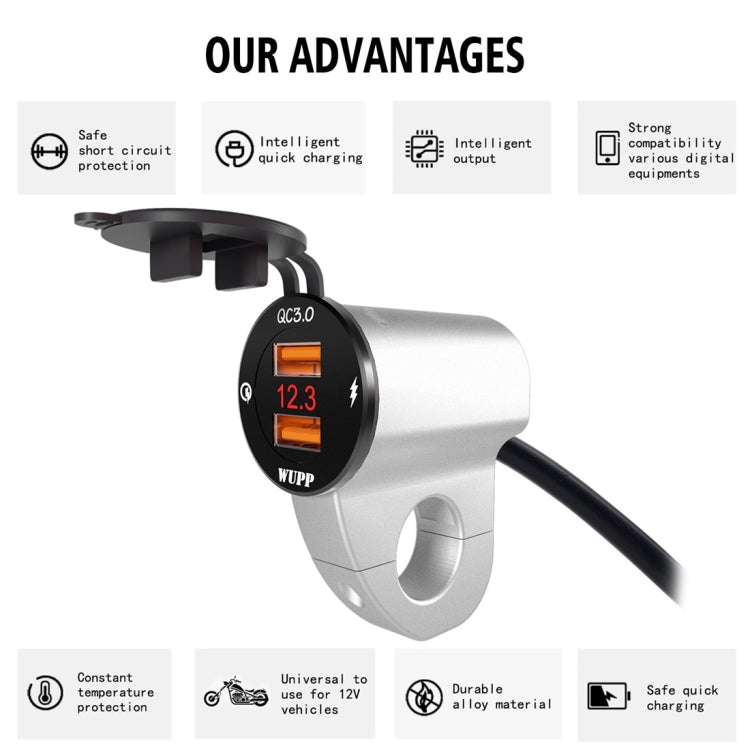 WUPP ZH-975A3 Motorcycle Aluminum Alloy Waterproof Mobile Phone Double QC3.0 Quick Charging Charger with Voltmeter