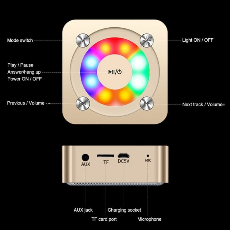 A9 Portable Bluetooth Stereo Speaker with Built-in MIC & Light, Support Hands-free Calls & TF Card & AUX IN, Bluetooth Distance: 10m