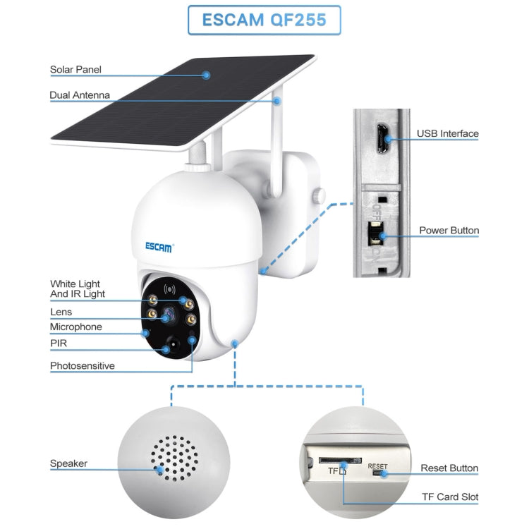 ESCAM QF255 2.0 Million Pixels 1080P HD WiFi Solar Camera, Support Two-way Voice & PIR Motion Detection & Night Vision & TF Card