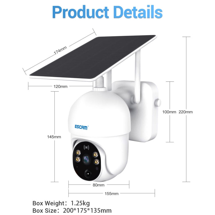 ESCAM QF255 2.0 Million Pixels 1080P HD WiFi Solar Camera, Support Two-way Voice & PIR Motion Detection & Night Vision & TF Card Reluova