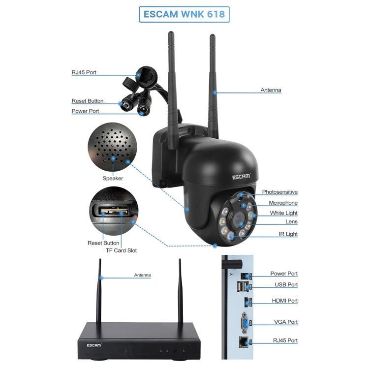 ESCAM WNK618 3.0 Million Pixels 8-channel Wireless Dome Camera HD NVR Security System, Support Motion Detection & Two-way Audio & Full-color Night Vision & TF Card, EU Plug